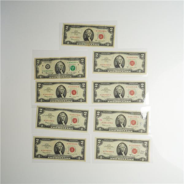 Nine 1963, 1963A & 1976 US Two Dollars Red Seal and 1 Green Seal Notes