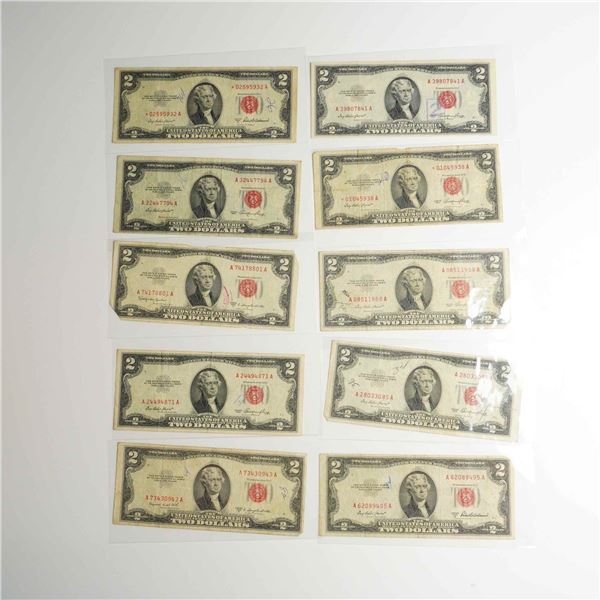 Ten 1953, 1953A, 1953B, & 1953C US Two Dollars Red Seal Notes including Star Notes
