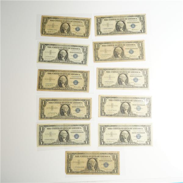 Eleven 1953-E, 1957 and 1957-A & B US One Dollar Silver Certificate Star Notes