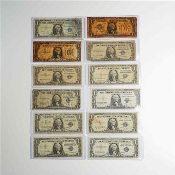 Twelve 1928 - 1957 US One Dollar Silver Certificate Bills