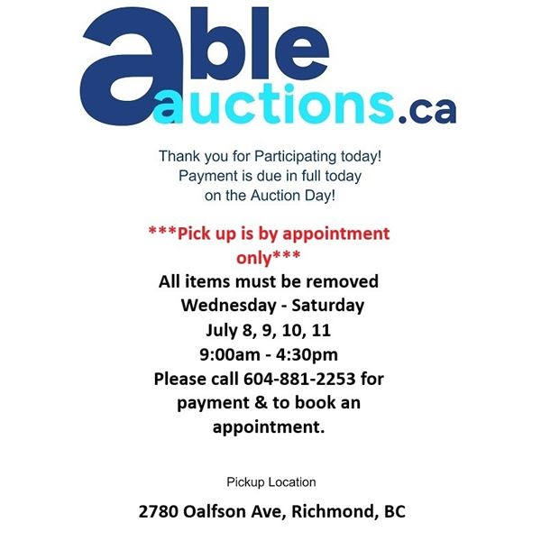 All items must be removed Wed- Sat Jul 8-11, 9:00am-4:30pm by appointment only.