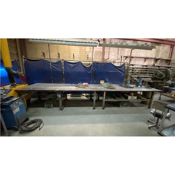 1/4" THICK TOP LARGE METAL SHOP TABLE APPROX 18' 10"L X 4'D X 3'H WITH MOUNTED POWER OUTLET,