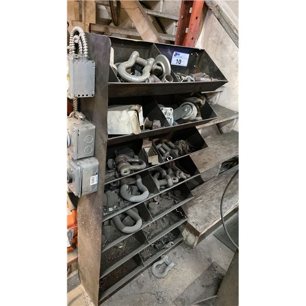 SMALL BLACK PARTS STORAGE SHELF WITH ASSORTED SCREW PIN SHACKLES & HARDWARE