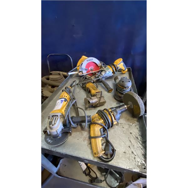 GROUP OF 6 ELECTRIC DEWALT POWER TOOLS- SANDER, 12 GAUGE SHEER, HAMMER DRILL, DRILL, CIRCULAR SAW