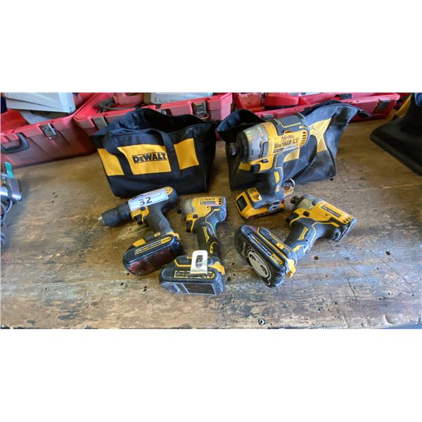 DEWALT 20V CORDLESS DRILL, 3 IMPACT DRILLS, 4 BATTERIES, 2 CHARGERS & 2 BAGS