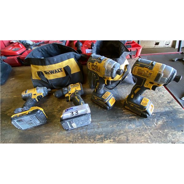 DEWALT 20V CORDLESS DRILL, 3 IMPACT DRILLS, 4 BATTERIES, 2 CHARGERS & 2 BAGS