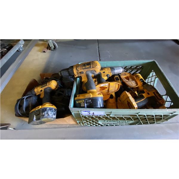 BIN OF ASSORTED 18V DEWALT CORDLESS DRILLS/DRIVERS, BOX OF BATTERIES & CHARGERS *UNKNOWN WORKING
