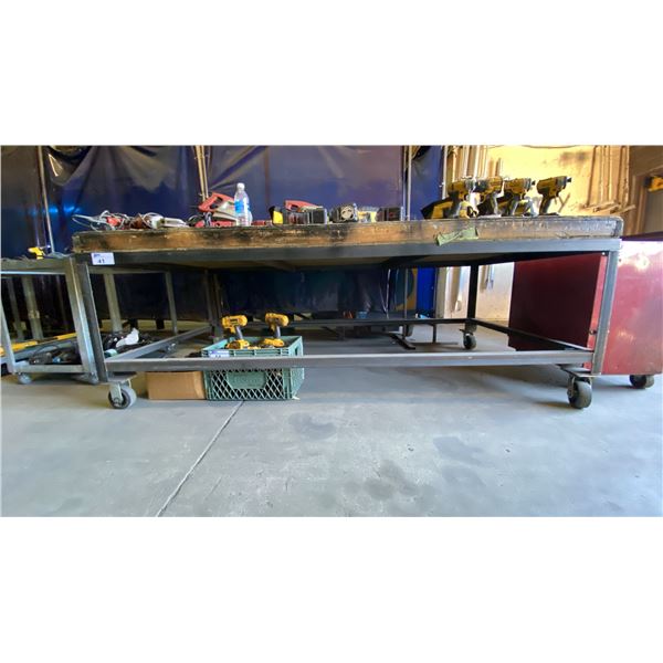 METAL FRAMED WOOD TOP LARGE MOBILE SHOP TABLE APPROX 8'L X 4'D X 2' 11"H