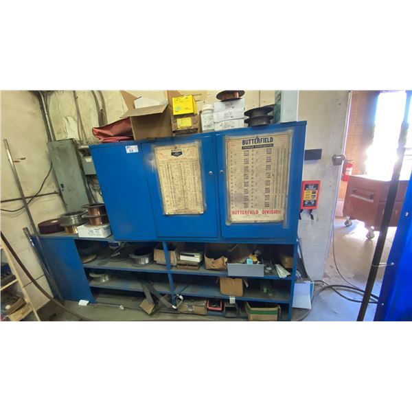 BLUE STORAGE CABINET/WORK STATION WITH ASSORTED CONTENTS- WELDING WIRE, TOOLS, HARDWARE, DRILL BITS
