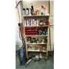 Image 1 : WHITE WOODEN BOOKSHELF WITH ASSORTED SHOP CONTENT- PARTS, HARDWARE, SPRAY PAINT & MORE