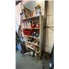 Image 2 : WHITE WOODEN BOOKSHELF WITH ASSORTED SHOP CONTENT- PARTS, HARDWARE, SPRAY PAINT & MORE