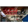 Image 4 : WHITE WOODEN BOOKSHELF WITH ASSORTED SHOP CONTENT- PARTS, HARDWARE, SPRAY PAINT & MORE