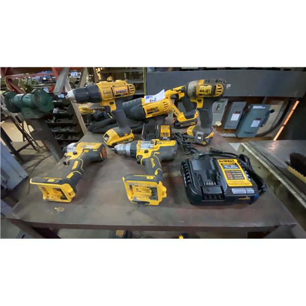 GROUP OF 5 DEWALT 20V CORDLESS POWER TOOLS- 2 DRILLS, 2 IMPACT DRILLS, RECIPROCATING SAW WITH 2
