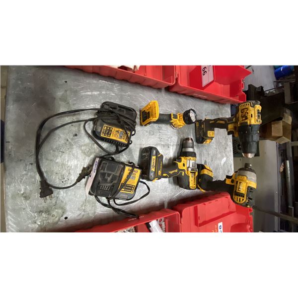 GROUP OF 4 DEWALT 20V CORDLESS POWER TOOLS- 2 DRILLS, 1 IMPACT DRILL, WORK LIGHT WITH 2 CHARGERS &