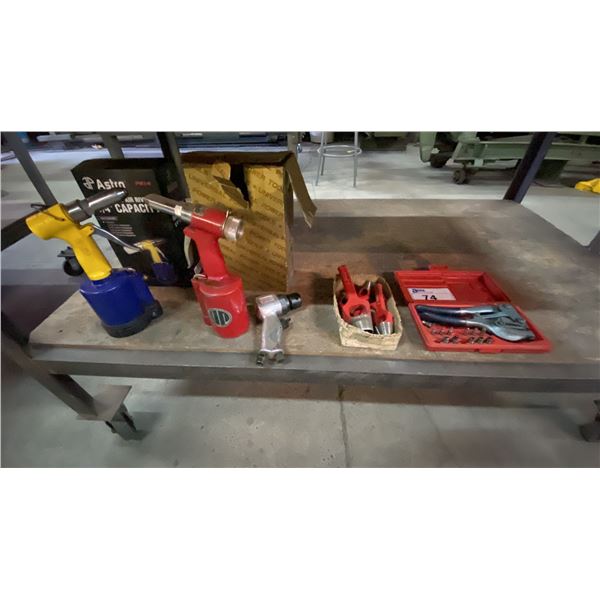 2 PNEUMATIC AIR RIVETERS, PNEUMATIC AIR SANDER, HOLLOW HOLE PUNCH SET & SHEET METAL HAND PUNCH SET