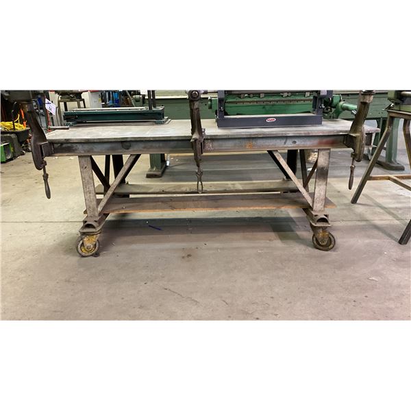 METAL FRAMED WOOD TOP MOBILE SHOP TABLE WITH SHEET METAL COVER APPROX 7'L X 3'D X 2' 8" H