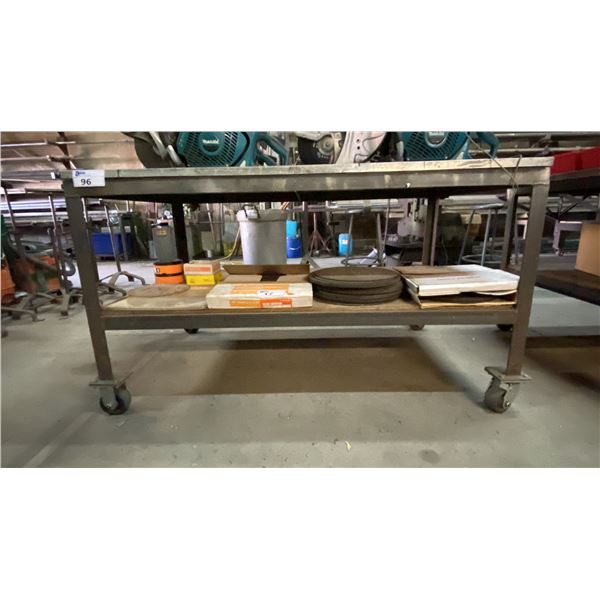 METAL FRAMED 2 TIER WOOD TOP MOBILE SHOP TABLE WITH SHEET METAL COVER APPROX 60"L X 36"D X 34"H