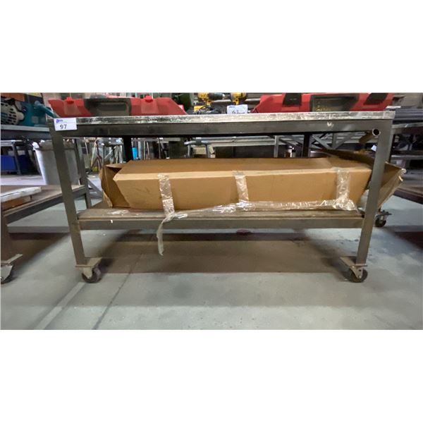 METAL FRAMED 2 TIER WOOD TOP MOBILE SHOP TABLE WITH SHEET METAL COVER APPROX 60"L X 36"D X 34"H