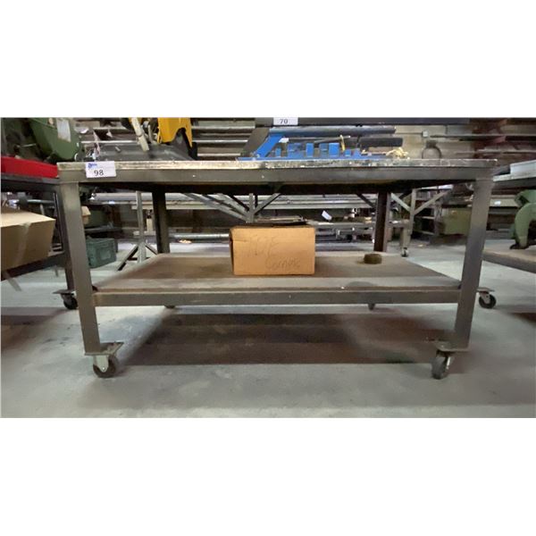 METAL FRAMED 2 TIER WOOD TOP MOBILE SHOP TABLE WITH SHEET METAL COVER APPROX 60"L X 36"D X 34"H