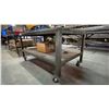 Image 2 : METAL FRAMED 2 TIER WOOD TOP MOBILE SHOP TABLE WITH SHEET METAL COVER APPROX 60"L X 36"D X 34"H