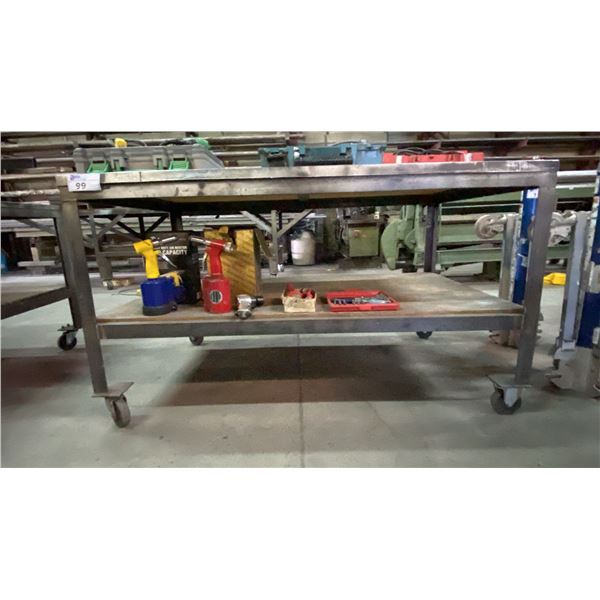 METAL FRAMED 2 TIER WOOD TOP MOBILE SHOP TABLE WITH SHEET METAL COVER APPROX 60"L X 36"D X 34"H