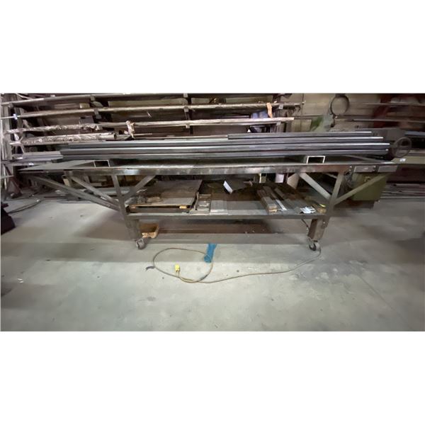 LARGE METAL FRAME WOOD TOP MOBILE SHOP TABLE WITH SHEET METAL TOP COVER,  STEEL RECTANGLE TUBE