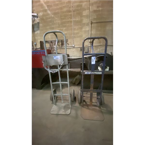 BLUE 2 WHEEL HAND TRUCK & GREY 2 WHEEL TANK CADDY HAND TRUCK
