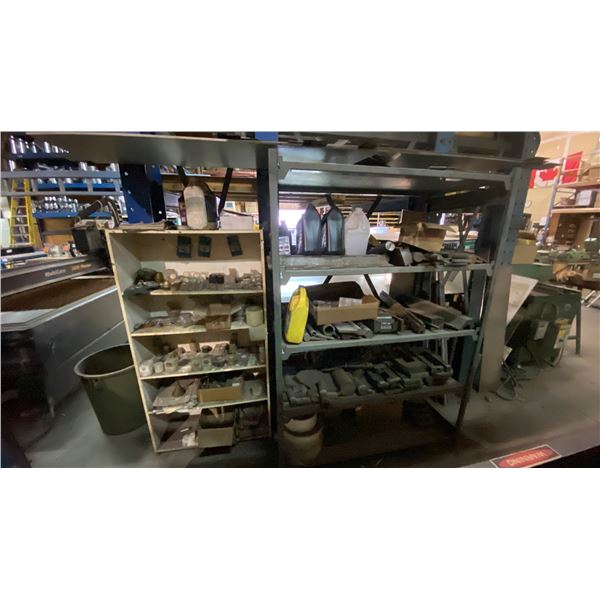 5 TIER ADJUSTABLE STORAGE SHELF WITH ASSORTED MACHINE PARTS, COMPONENTS & SCRAP METAL