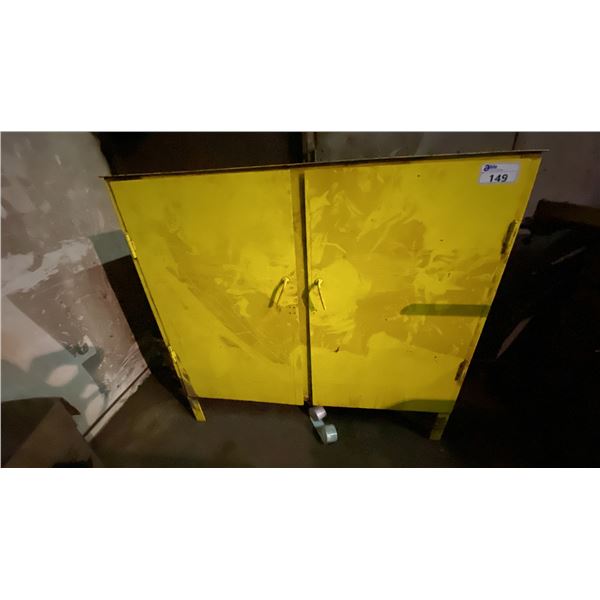 YELLOW METAL 2 DOOR FLAMMABLE SAFETY STORAGE CABINET WITH MOSTLY PAINT CONTENTS