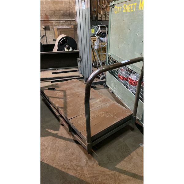 HEAVY DUTY METAL FRAME WOOD TOP MOBILE PLATFORM CART APPROX 5'L