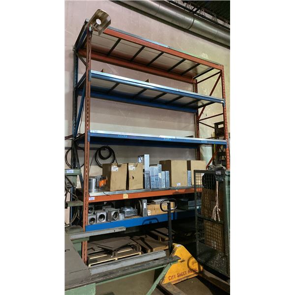 ORANGE/BLUE METAL PALLET RACKING 2-15' UPRIGHTS, 10- 12.5' SIDE RAILS