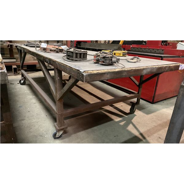 LARGE HEAVY DUTY METAL FRAME WOOD TOP MOBILE SHOP TABLE- MEASURES APPROX 10'L X 4'W' X 2'8"H