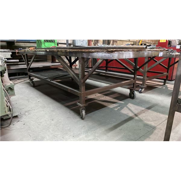 LARGE HEAVY DUTY METAL FRAME WOOD TOP MOBILE SHOP TABLE- MEASURES APPROX 10'L X 4'W' X 2'10"H