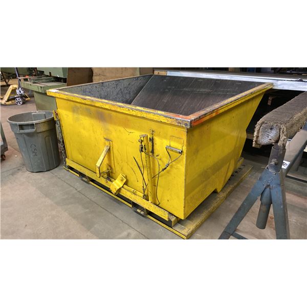 YELLOW LARGE HEAVY DUTY DUMP BIN WITH FORKLIFT SLOTS MEASURES APPROX 63" X 65" X 35"H