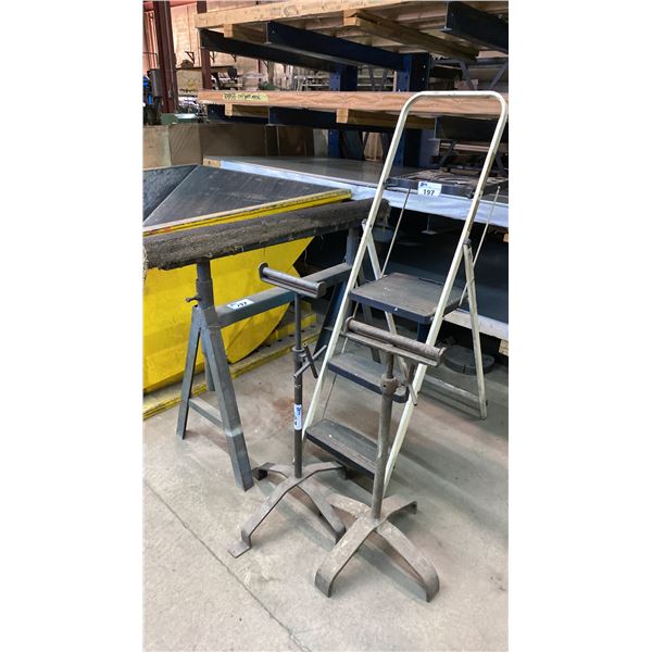 METAL ADJUSTABLE SAWHORSE, 2 MATERIAL ROLLER STANDS & FOLDING STEP LADDER