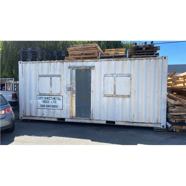 CONVERTED OFFICE 20FT SHIPPING CONTAINER WITH 1 MAN DOOR, 2 WINDOWS WITH METAL SECURITY