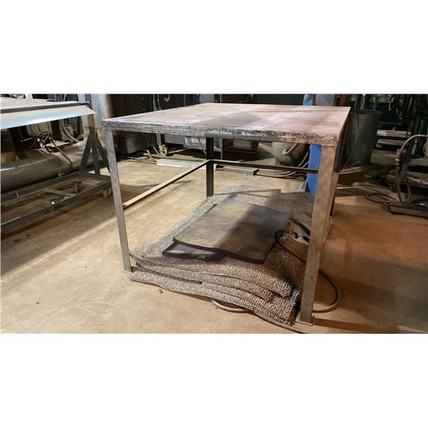 2 METAL SHOP TABLES- APPROX 48" X 52" X 34"H & METAL FOLDING TABLE APPROX 68" X 30" X 31"H