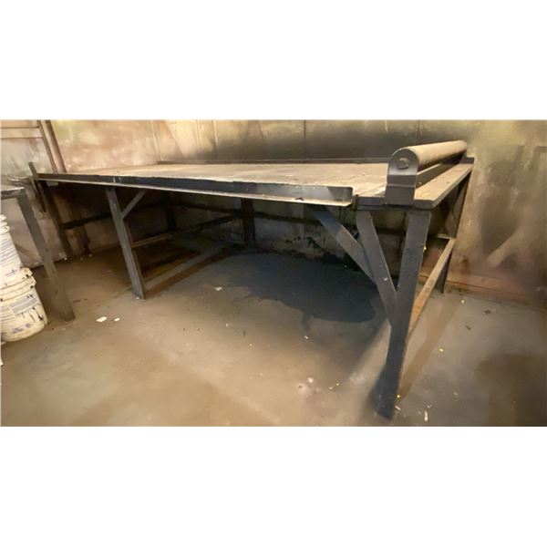 LARGE HEAVY DUTY METAL SHOP TABLE APPROX 127"L X 54"W X 36"H WITH METAL ROLLER ATTACHED AT END