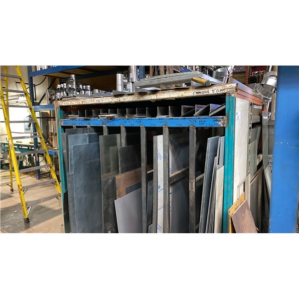 METAL WELDED TOGETHER SHELVING UNIT WITH ASSORTED SIZE CUTS OF SHEET METAL