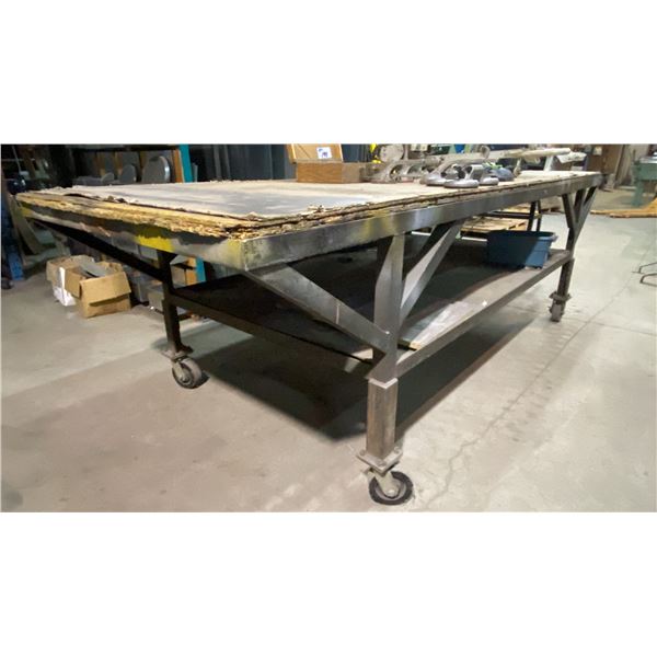 METAL FRAME WOOD TOP MOBILE SHOP TABLE- MEASURES APPROX 121"L X 48"D X 37"H