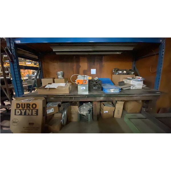 LARGE WOODEN SHOP TABLE WITH ASSORTED DUCTING PARTS & COMPONENTS ON AND UNDER TABLE