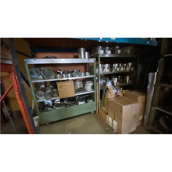 LARGE GROUP AND 2 MOBILE RACKS OF SHEET METAL DUCT FITTINGS & COMPONENTS