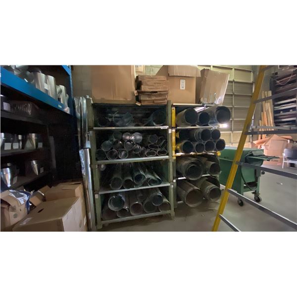 4 LARGE MOBILE STACKABLE METAL SHELVES WITH ASSORTED SHEET METAL DUCT FITTINGS & COMPONENTS