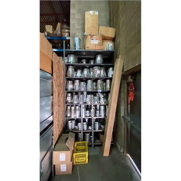 METAL SHELVING UNIT WITH ASSORTED SHEET METAL DUCT FITTINGS & COMPONENTS
