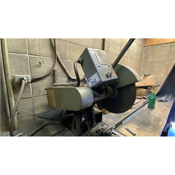LARGE WORKSHOP TABLE WITH CONTENTS- JET COM-16 METAL CUT OFF SAW, CLEATS, PARTS & ASSORTED METAL