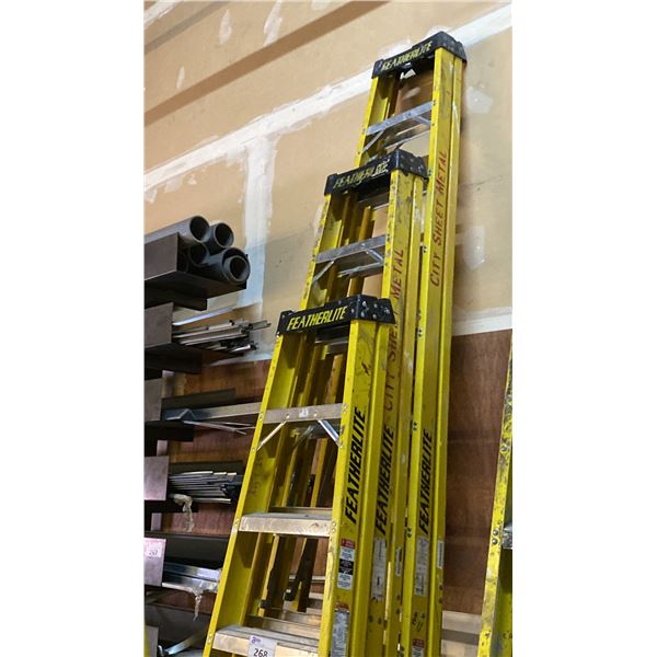 GROUP OF 3 YELLOW FEATHERLITE FIBERGLASS LADDERS- 8', 10' & 12'