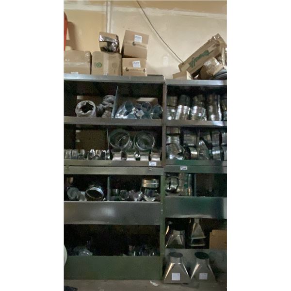 4 STACKABLE STORAGE BINS WITH ASSORTED SHEET METAL DUCT FITTINGS & THERMAFLEX VENT HOSE