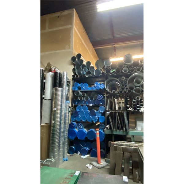 2 LARGE METAL STORAGE RACKS WITH ASSORTED SHEET METAL DUCTING PIPES & LARGE ASSORTED SIZED SHEET