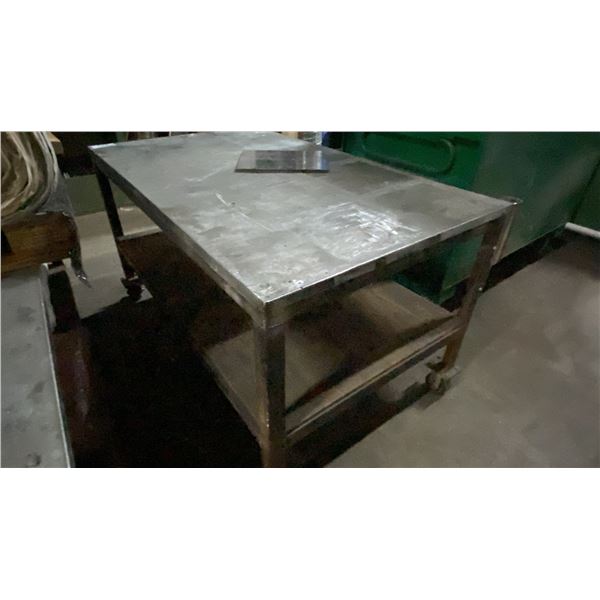 METAL FRAME WOOD TOP WITH SHEET METAL COVER MOBILE SHOP TABLE APPROX 70"L X 35"D "X 35"H