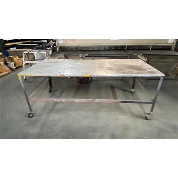 LARGE MOBILE METAL SHOP TABLE APPROX 84"L X 40"D X 34"H
